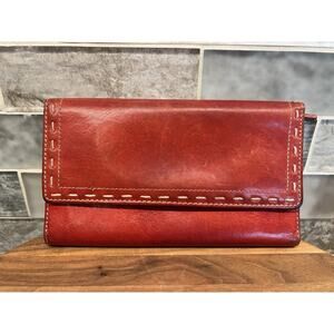 Vintage Fossil Red Leather Trifold Checkbook Wallet With Card Slots Slim Design